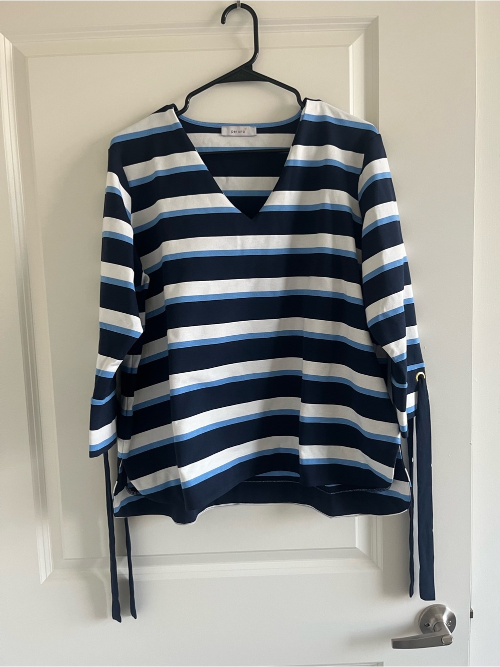 Marks & Spencer Navy, White and Light Blue Striped V-Neck Blouse